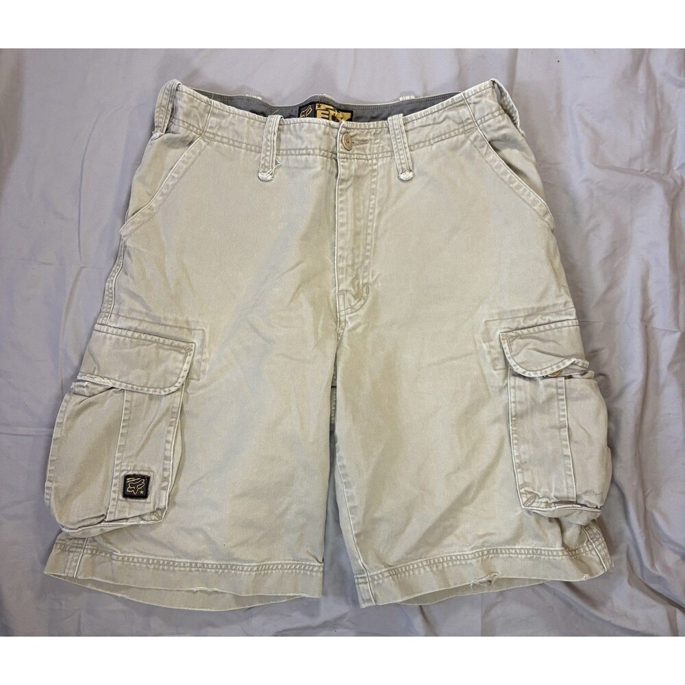Mens Fox Racing Beige Cargo Shorts Size 34 Distressed Y2K Vintage Baggy Skater